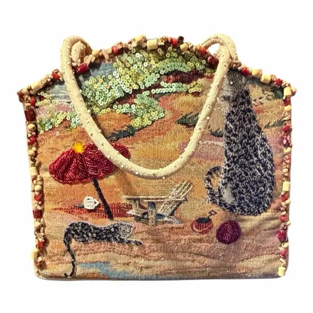 Mary Frances Leopard Beach Tapestry Beaded Sequin Tote Bag Mirror Magnetic Snap - Picture 3 of 13